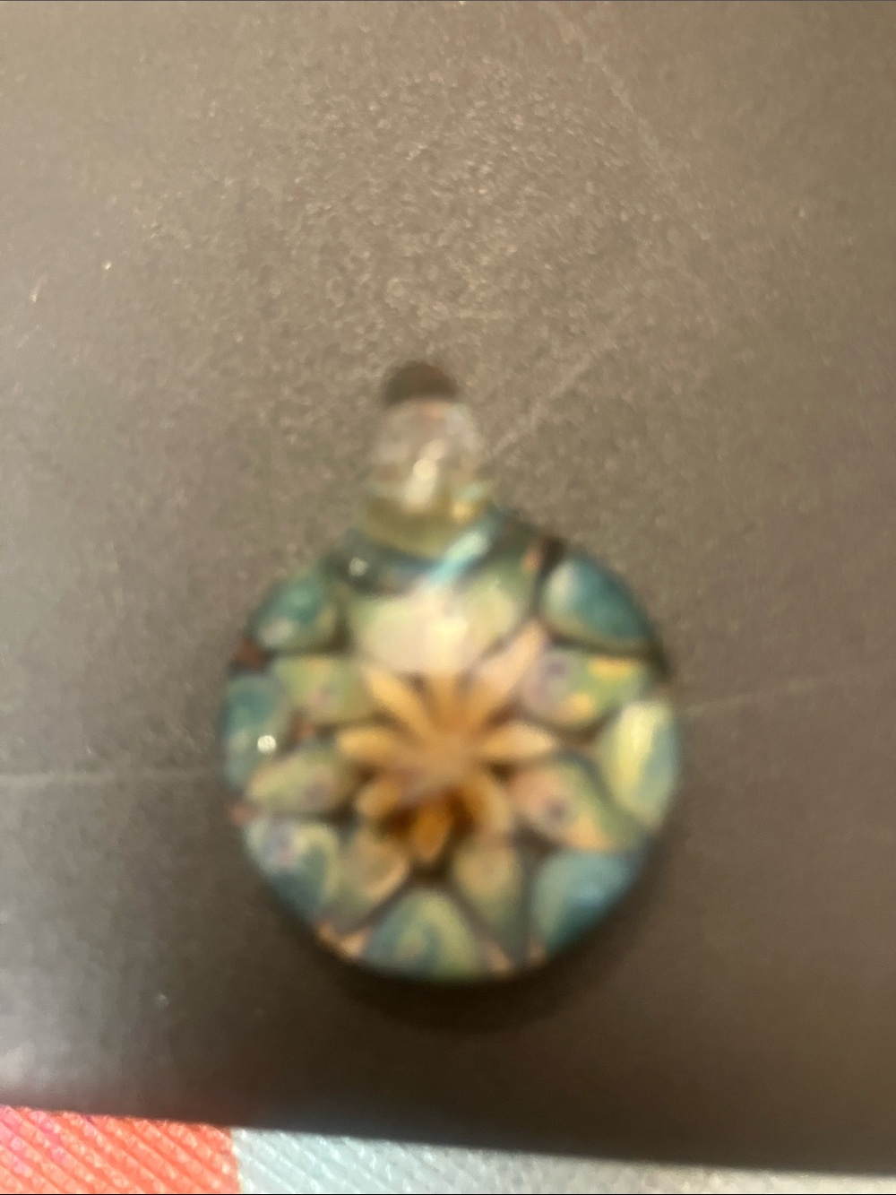 Murano Teal and Gold Floral Round Glass Pendant Necklace hand-blown design - Picture 6 of 6